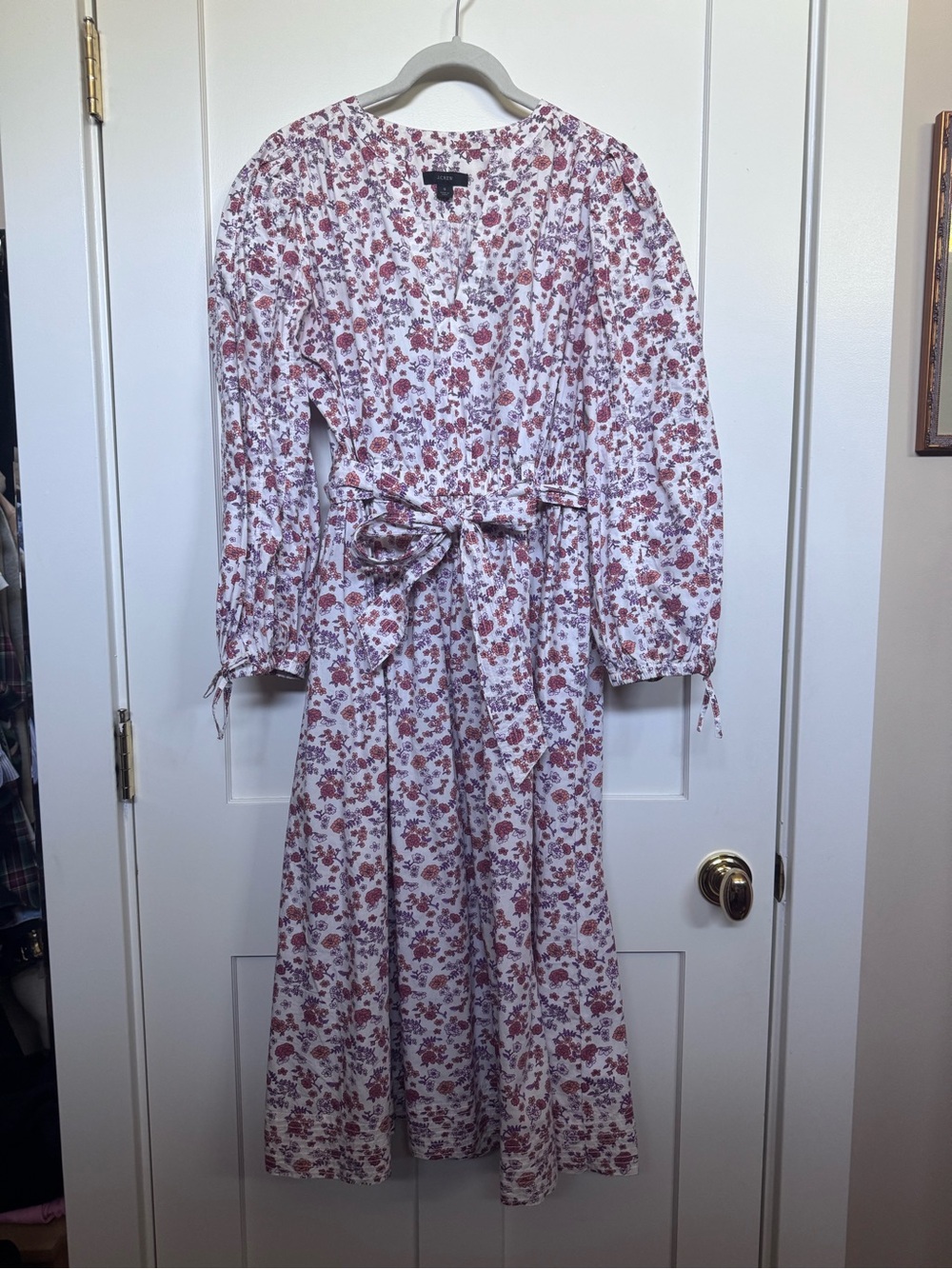 J Crew Floral Tie-Waist Midi Dress - White with Rose Print